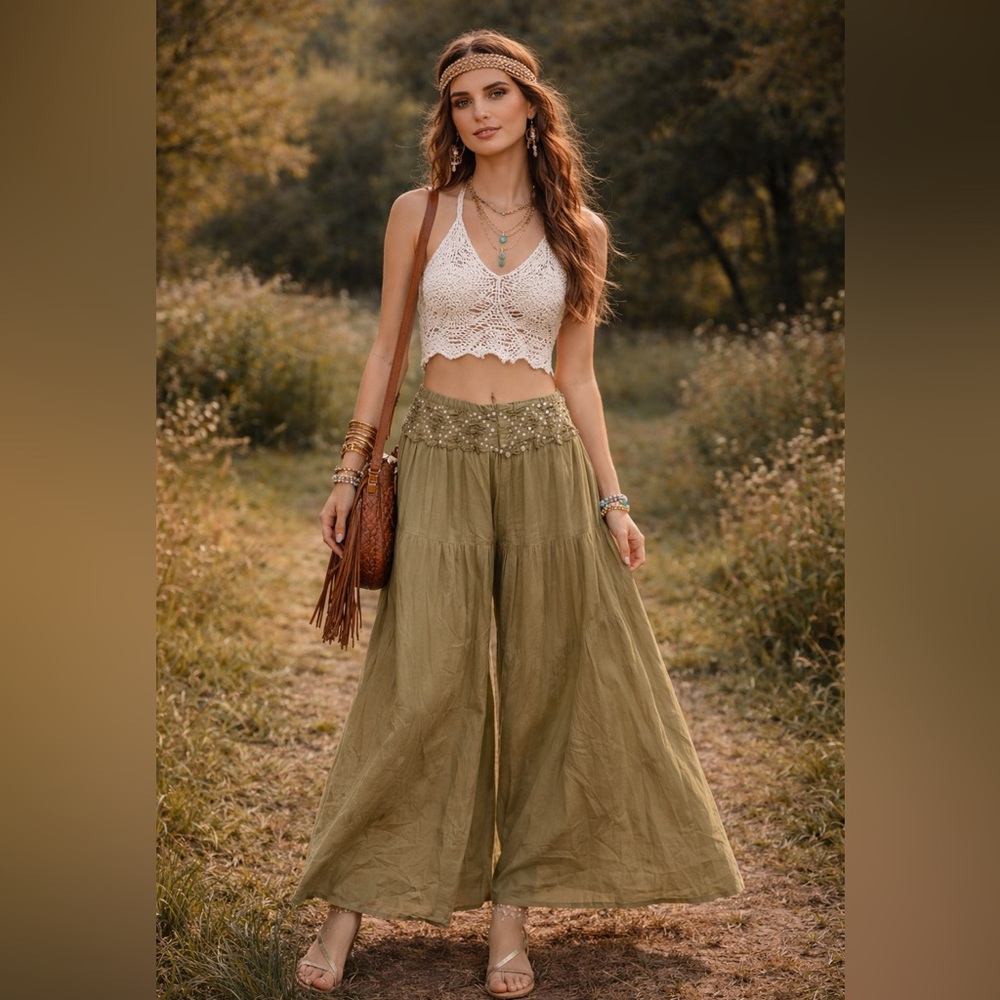 Boho Olive Wide-Leg Pants – Relaxed High-Waist Palazzo